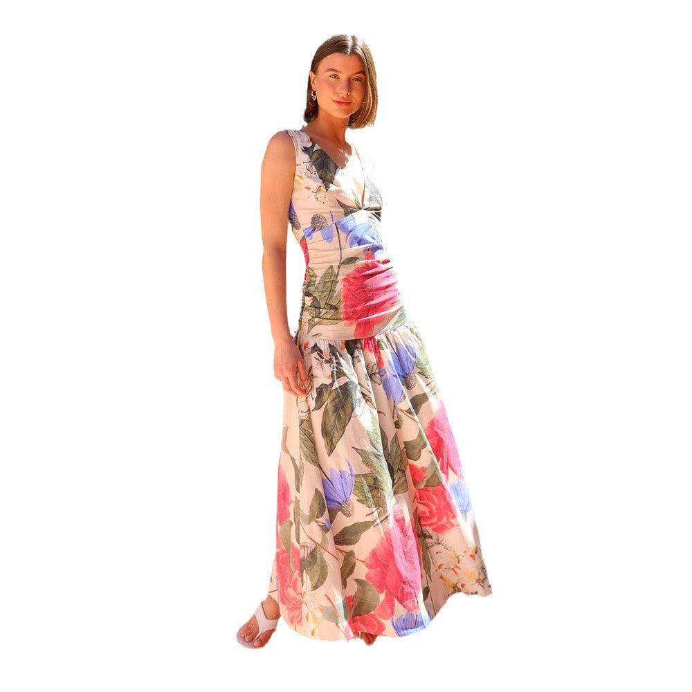 V-neck Printed Strapless Long Dress