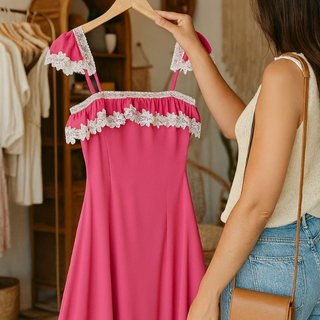 Hot Pink Mesh Sleepwear Set – Lace Trimmed Nightdress with Headband, Sexy Loungewear for Women