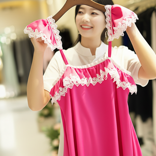 Hot Pink Mesh Sleepwear Set – Lace Trimmed Nightdress with Headband, Sexy Loungewear for Women
