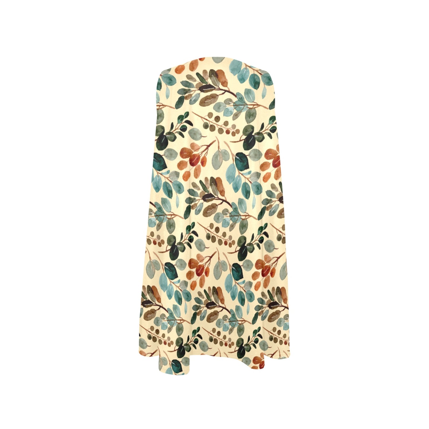Boho Botanical Sleeveless A-Line Pocket Dress, Cream Midi with Nature Print, Flowy Summer Dress Gift for Her, Sundress