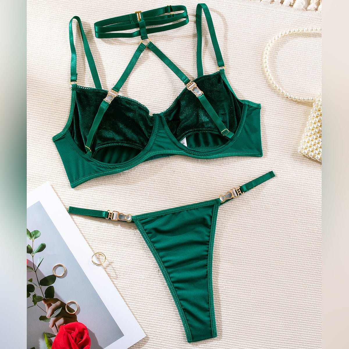 Cross-border Fully Managed Early Spring Pure Desire Sexy Lingerie Transparent Halter Comfortable Stocking Clip Two-piece Set for Women