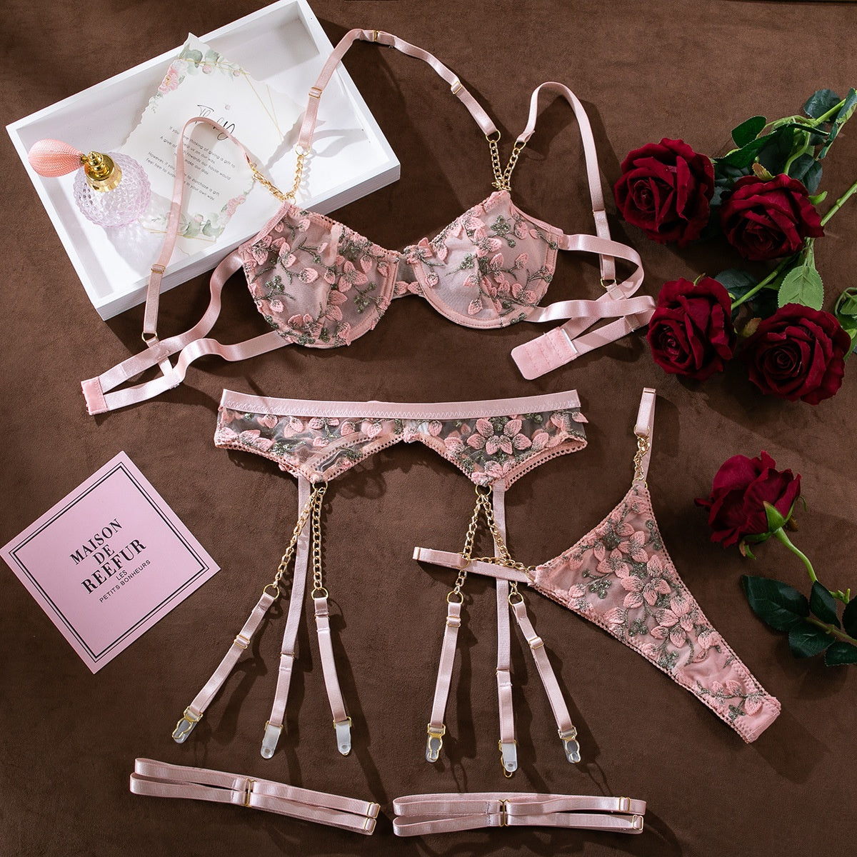 Embroidered Floral Sheer Sexy Chain Bra Set