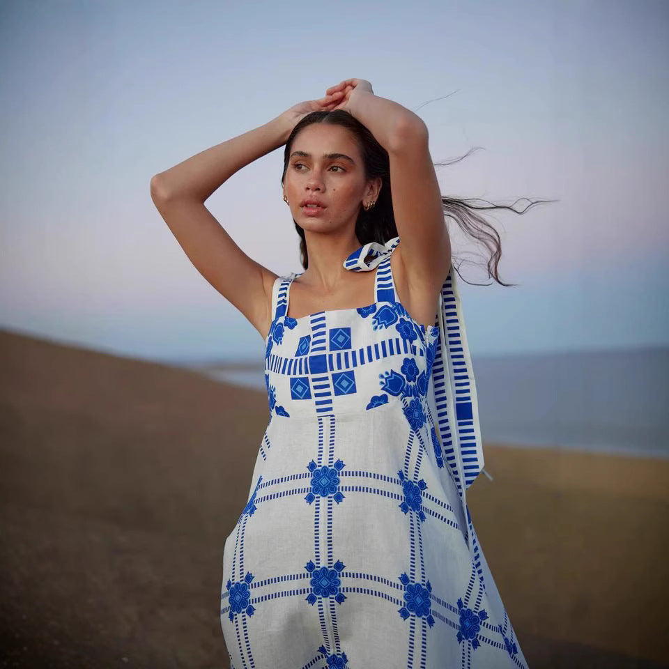Neck Strapless Printed Long Dress
