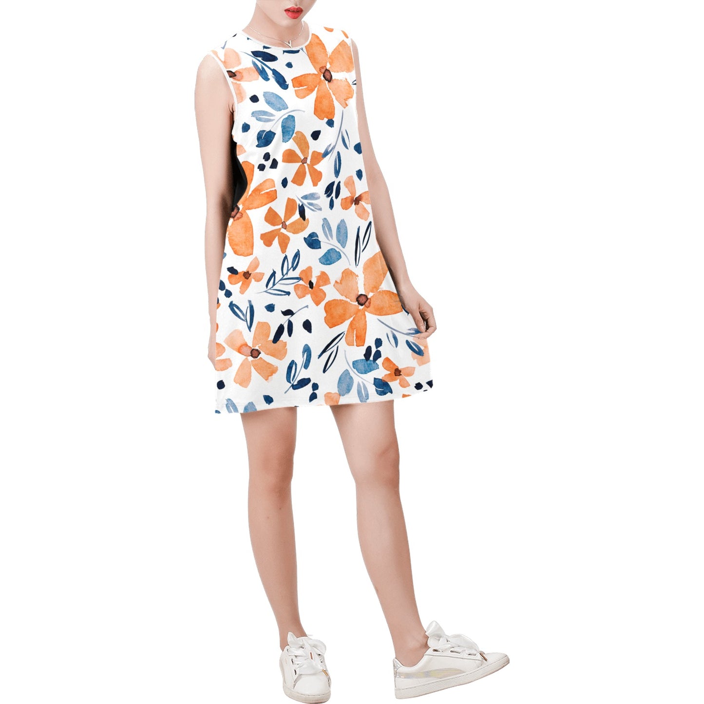 Floral Sleeveless Shift Dress – Round Neck Summer Mini Dress, Casual Boho Vacation Outfit