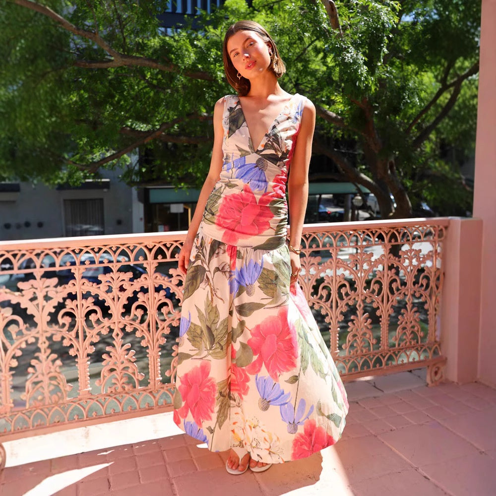 V-neck Printed Strapless Long Dress