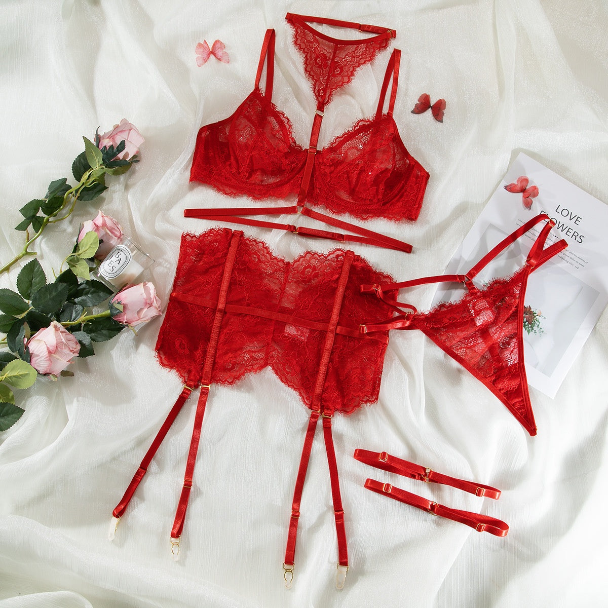 Cross-border Sexy Three-piece Set Hot Selling Lace Eyelash Fringe Boned Splicing with Neck Hanging Ankle Cuffs