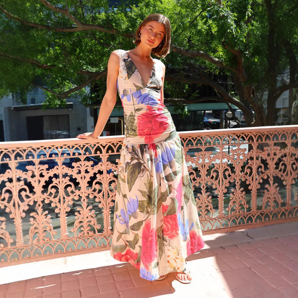 V-neck Printed Strapless Long Dress