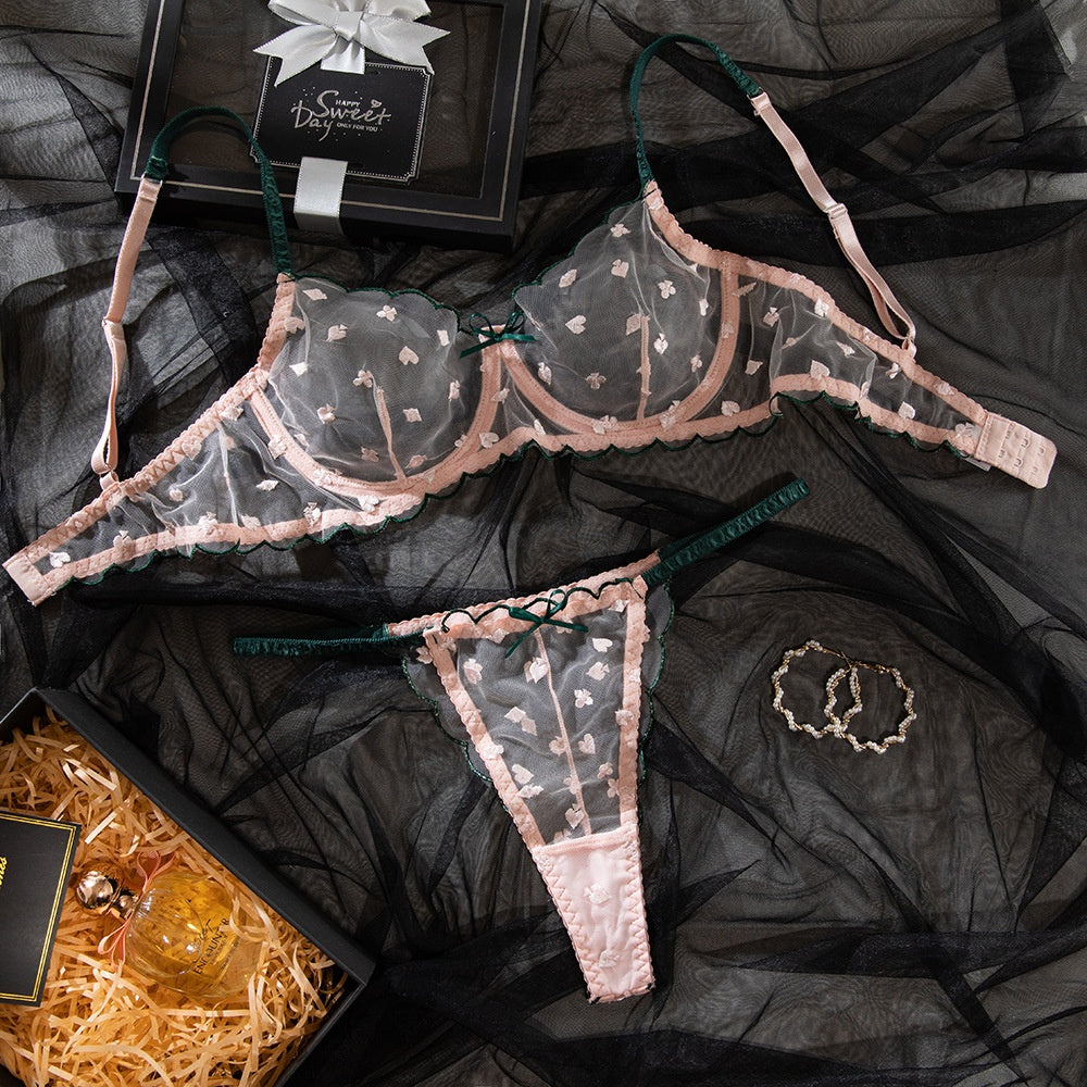 Women's Sexy Bra Set Playing Card Pattern Embroidery Transparent Lace Underwire Push-Up Lingerie Set