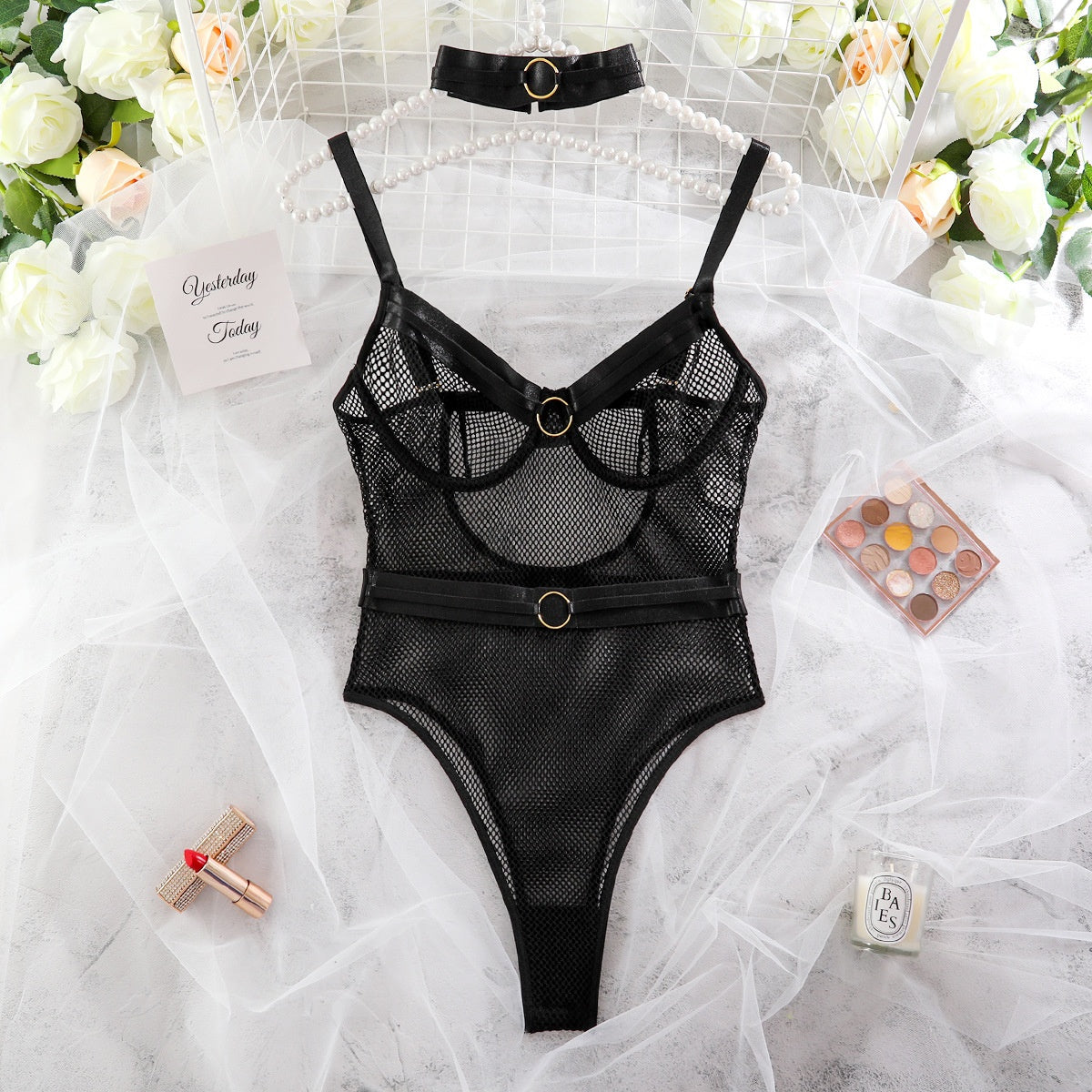 Sexy Women's Sheer Mesh Metallic Halter Bodysuit with Shaping and Gathering Design