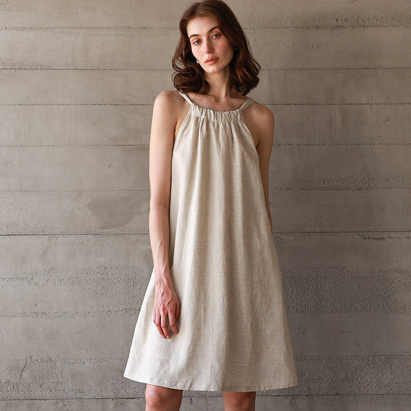 Tencel Linen Solid Color Backless Dress Women's Tie Belt Loose Mid-Length Dress Rich Style Linen Strap Dress