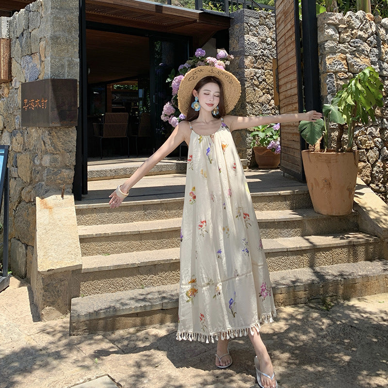 Boho Tassel Beach Dress – Vacation Maxi Dress with Beaded Straps, Loose Fit Summer Outfit for Women