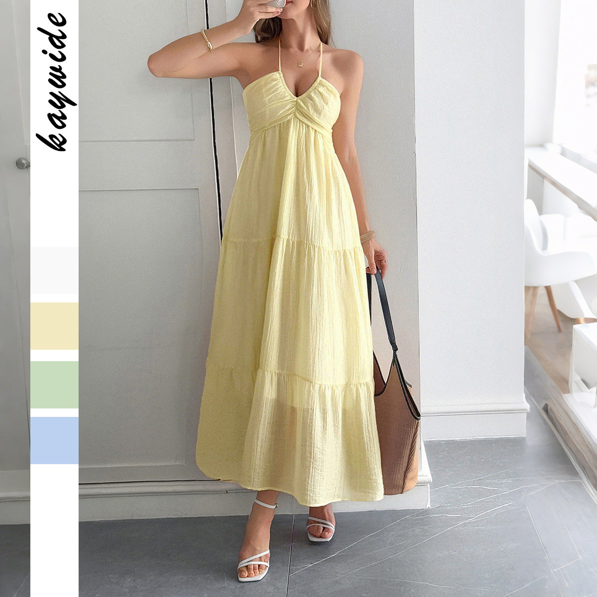 Halter Boho Summer Dress – Semi-Sheer Layered Maxi in White, Blue, Green, Yellow | Lightweight Vacation Beach Outfit