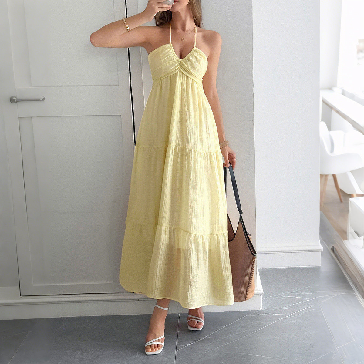 Halter Boho Summer Dress – Semi-Sheer Layered Maxi in White, Blue, Green, Yellow | Lightweight Vacation Beach Outfit