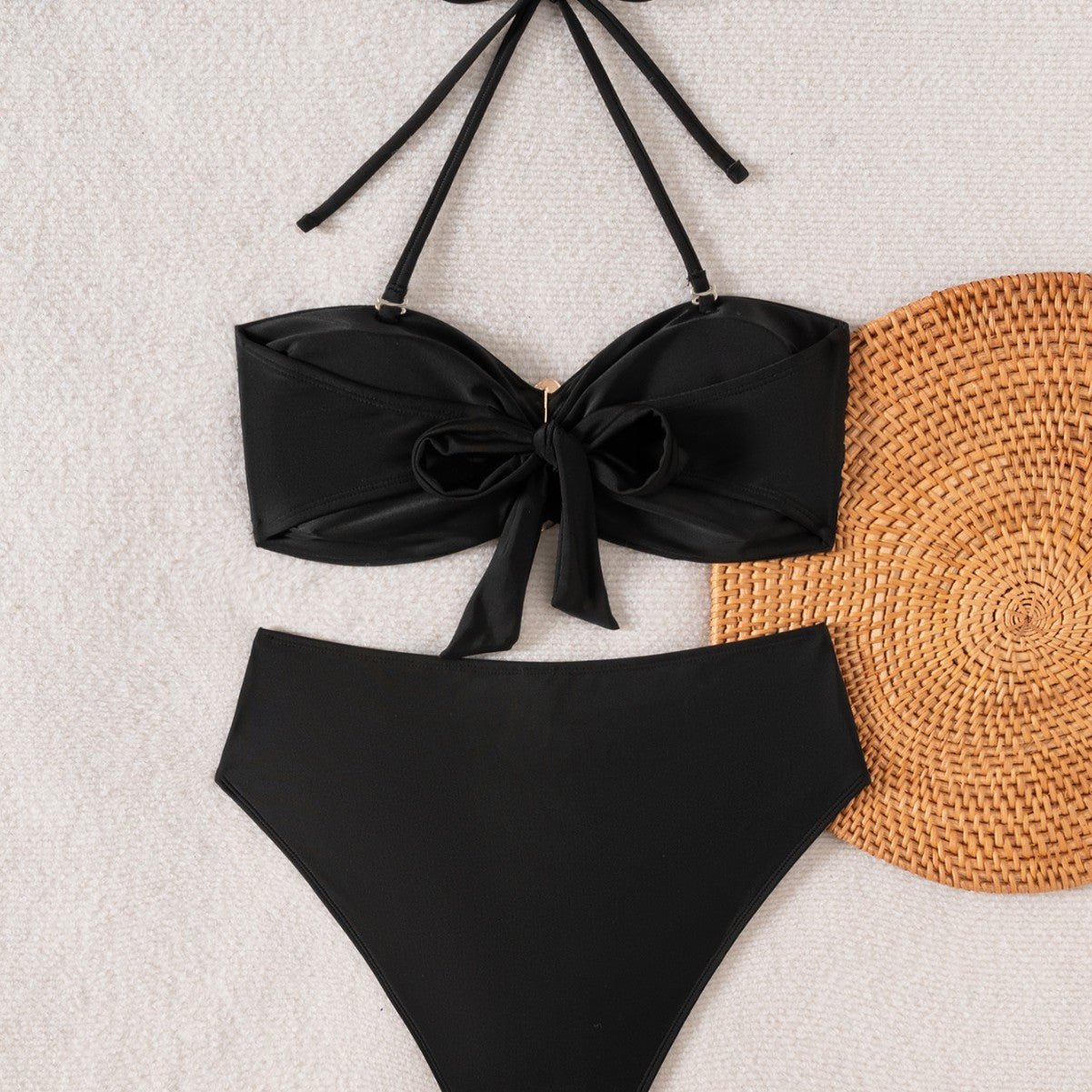 Sexy Black Bikini Set with Gold Rings – Strapless Two-Piece Swimsuit | High Waist Padded Swimwear for Women