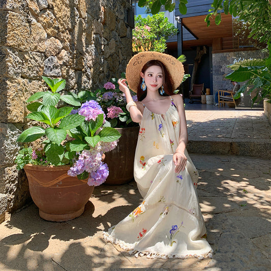 Boho Tassel Beach Dress – Vacation Maxi Dress with Beaded Straps, Loose Fit Summer Outfit for Women