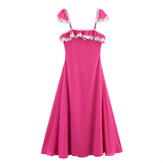 Hot Pink Mesh Sleepwear Set – Lace Trimmed Nightdress with Headband, Sexy Loungewear for Women