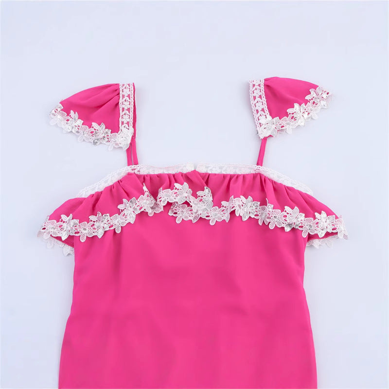 Hot Pink Mesh Sleepwear Set – Lace Trimmed Nightdress with Headband, Sexy Loungewear for Women