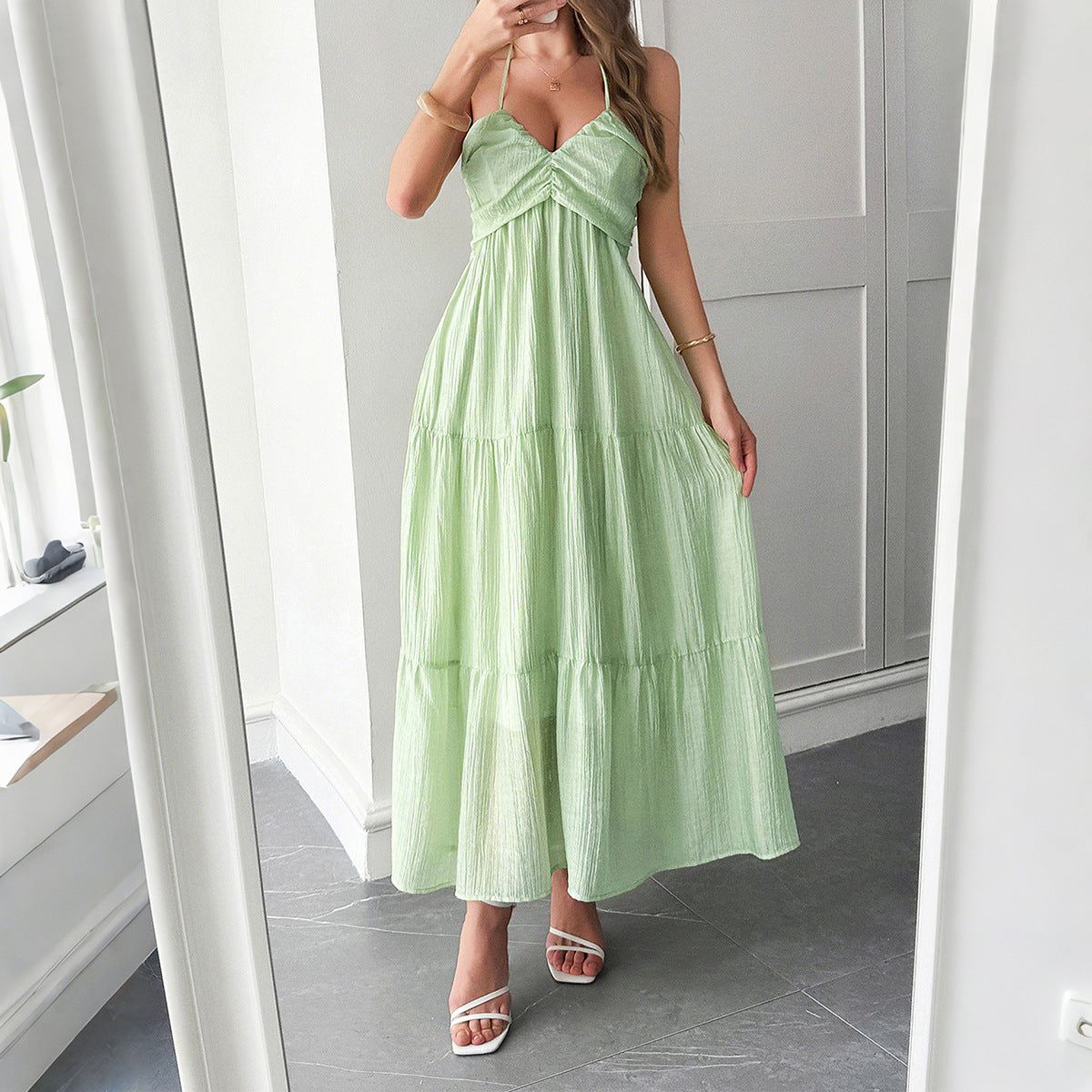 Halter Boho Summer Dress – Semi-Sheer Layered Maxi in White, Blue, Green, Yellow | Lightweight Vacation Beach Outfit
