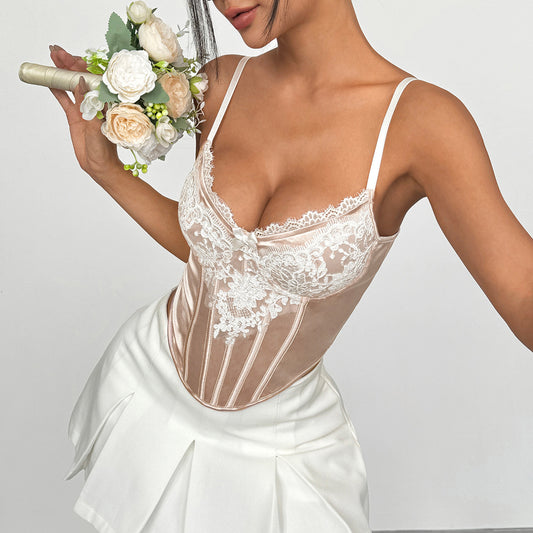 Romantic Satin Lace Corset Top – Apricot Floral Embroidery Lingerie