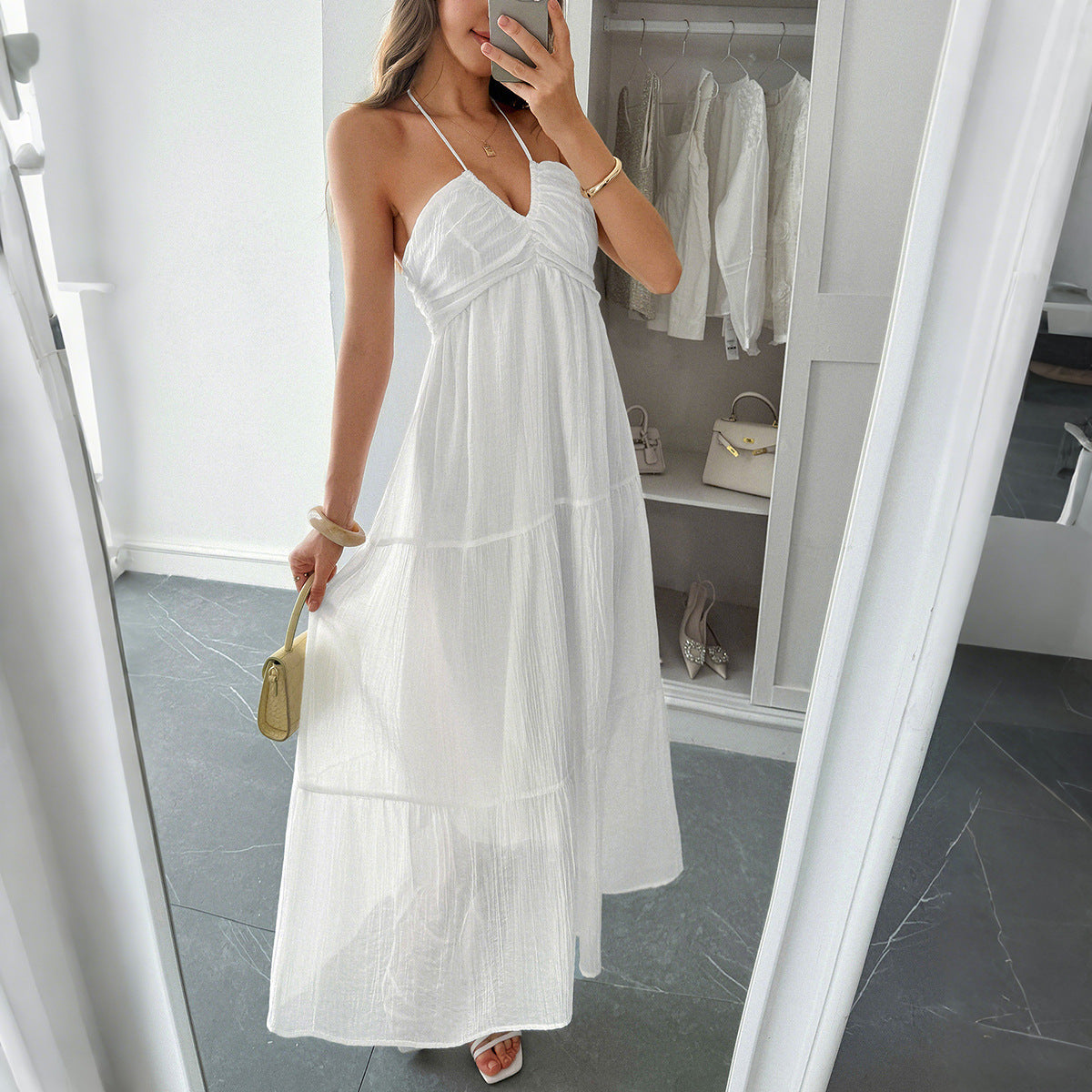 Halter Boho Summer Dress – Semi-Sheer Layered Maxi in White, Blue, Green, Yellow | Lightweight Vacation Beach Outfit