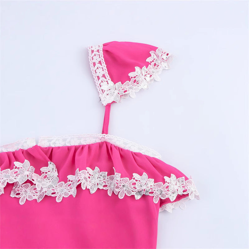 Hot Pink Mesh Sleepwear Set – Lace Trimmed Nightdress with Headband, Sexy Loungewear for Women