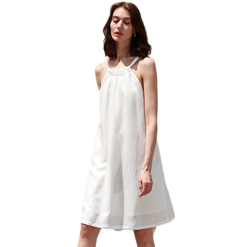Tencel Linen Solid Color Backless Dress Women's Tie Belt Loose Mid-Length Dress Rich Style Linen Strap Dress