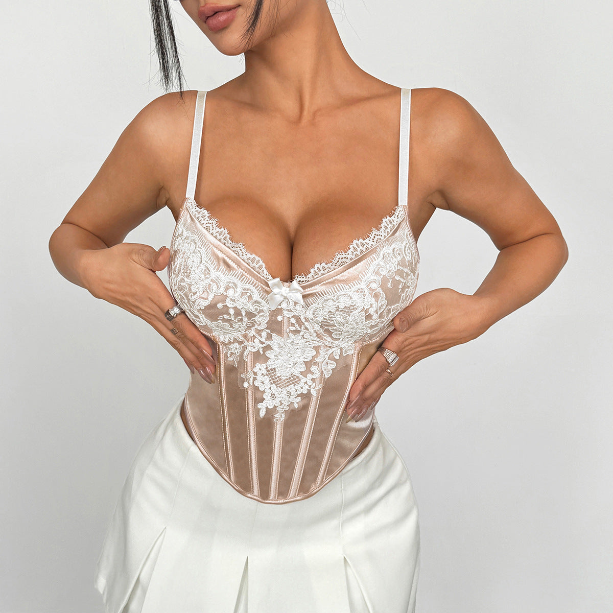 Romantic Satin Lace Corset Top – Apricot Floral Embroidery Lingerie