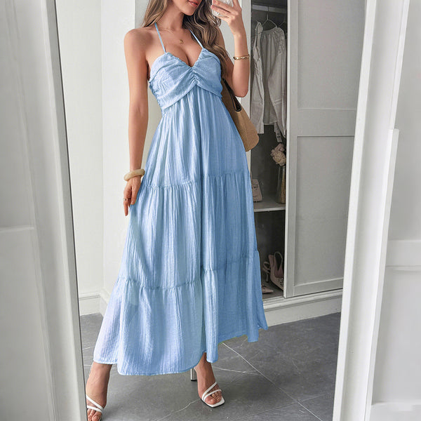 Halter Boho Summer Dress – Semi-Sheer Layered Maxi in White, Blue, Green, Yellow | Lightweight Vacation Beach Outfit