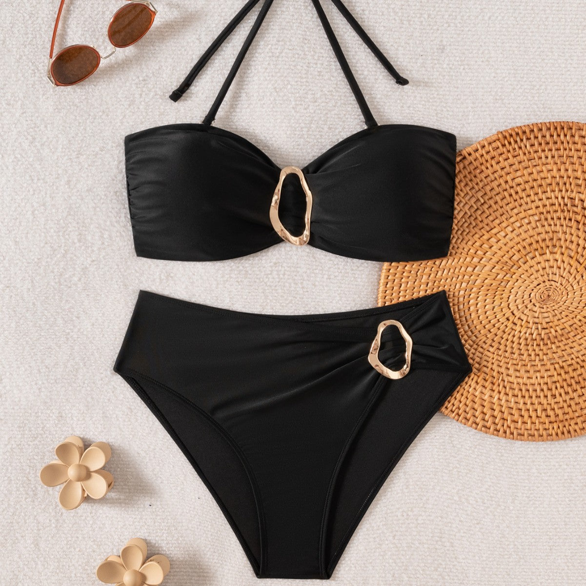 Sexy Black Bikini Set with Gold Rings – Strapless Two-Piece Swimsuit | High Waist Padded Swimwear for Women