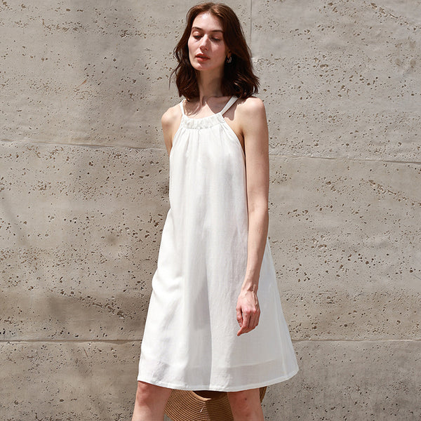 Tencel Linen Solid Color Backless Dress Women's Tie Belt Loose Mid-Length Dress Rich Style Linen Strap Dress