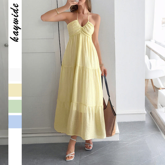 Halter Boho Summer Dress – Semi-Sheer Layered Maxi in White, Blue, Green, Yellow | Lightweight Vacation Beach Outfit