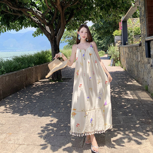 Boho Tassel Beach Dress – Vacation Maxi Dress with Beaded Straps, Loose Fit Summer Outfit for Women