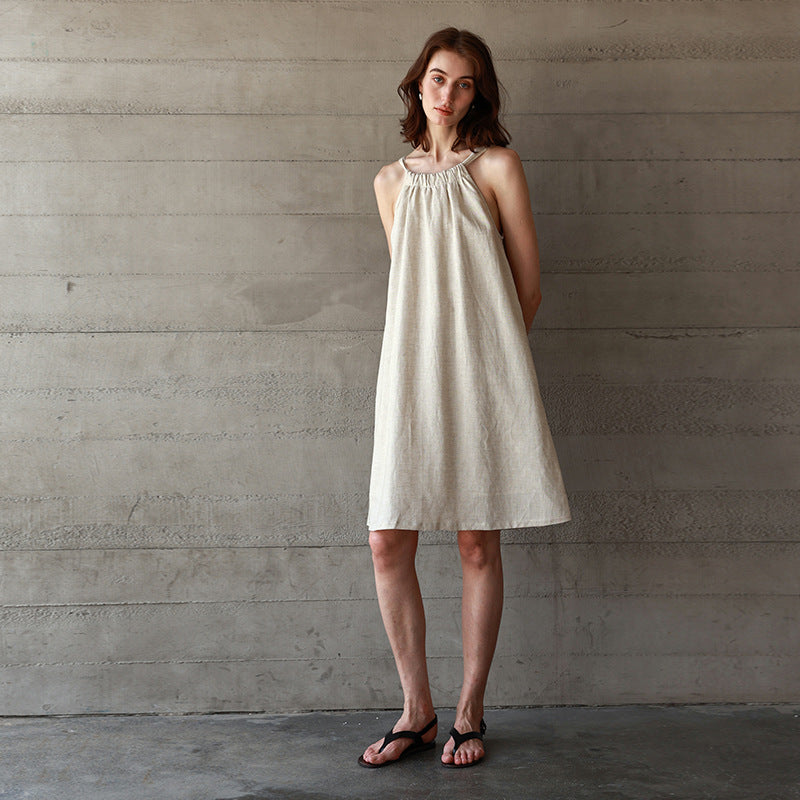 Tencel Linen Solid Color Backless Dress Women's Tie Belt Loose Mid-Length Dress Rich Style Linen Strap Dress