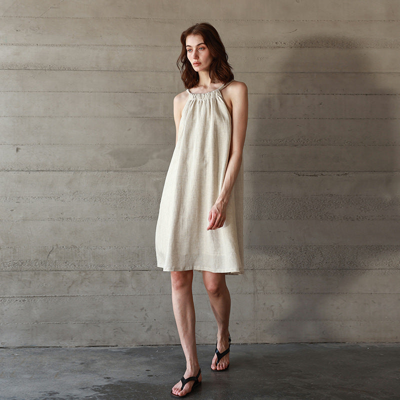 Tencel Linen Solid Color Backless Dress Women's Tie Belt Loose Mid-Length Dress Rich Style Linen Strap Dress