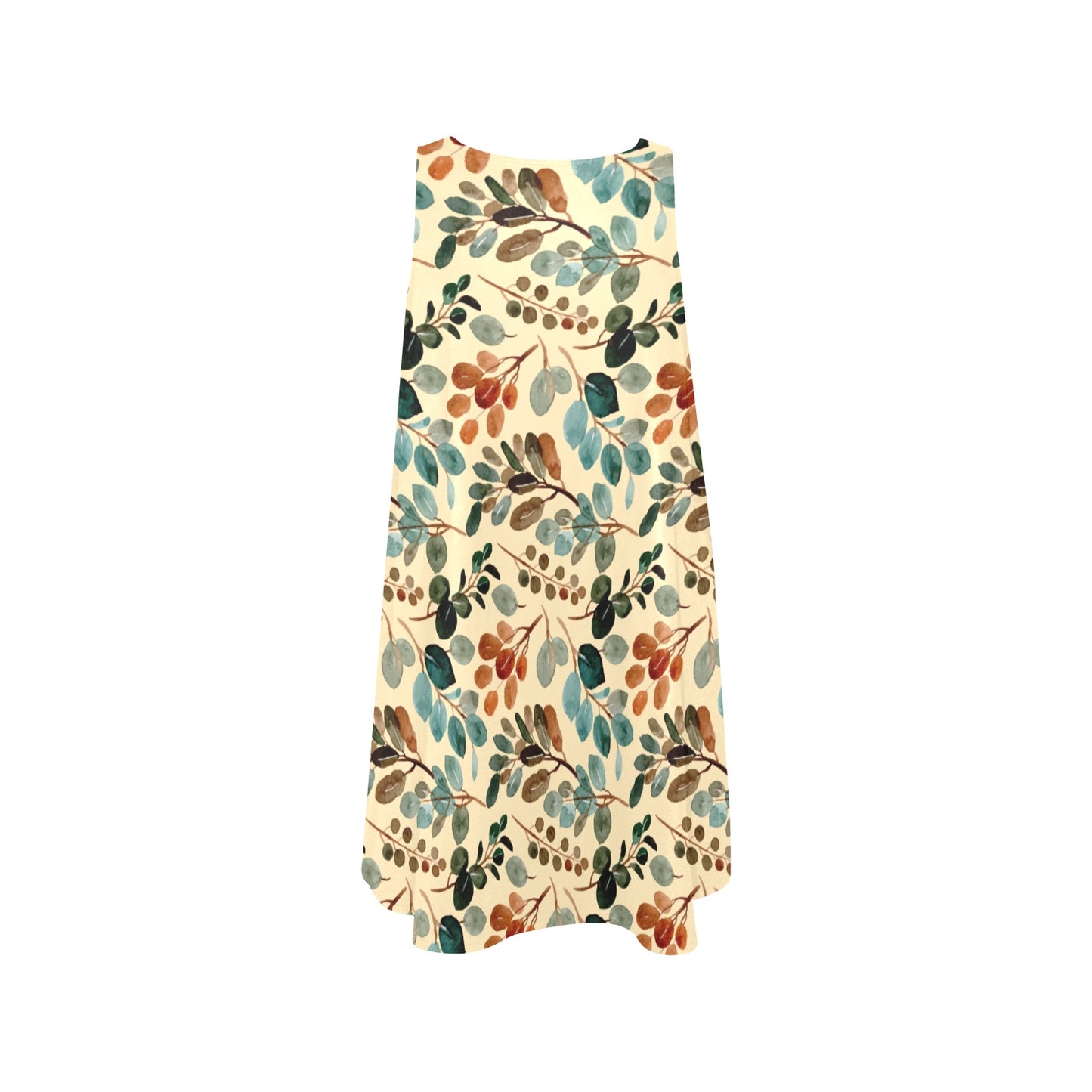 Boho Botanical Sleeveless A-Line Pocket Dress, Cream Midi with Nature Print, Flowy Summer Dress Gift for Her, Sundress