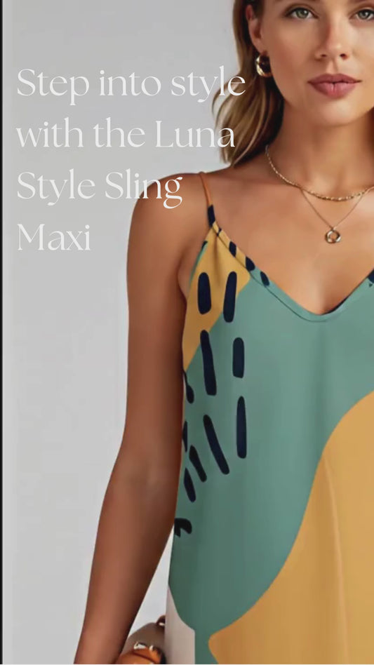 Boho Sling Maxi Dress – Abstract Print Long Summer Dress, Women’s Vacation Beach Outfit