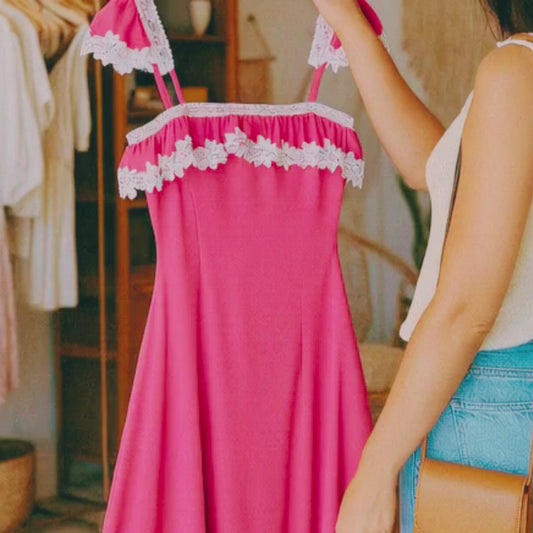 Hot Pink Mesh Sleepwear Set – Lace Trimmed Nightdress with Headband, Sexy Loungewear for Women